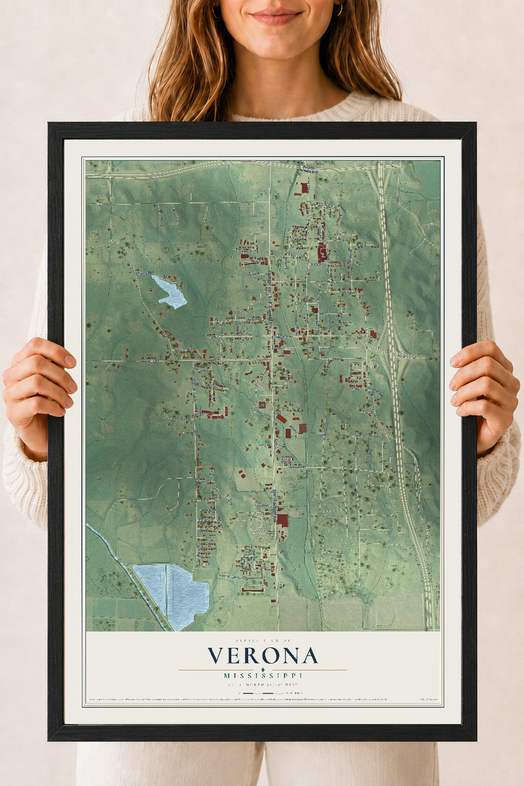 Map of Verona, Mississippi, 18 x 24 inch print in a black wood frame