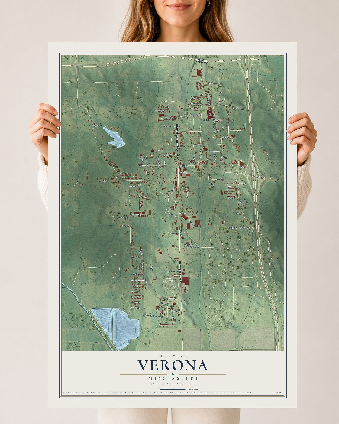 Map of Verona, Mississippi, 24 x 36 inch unframed archival matte print