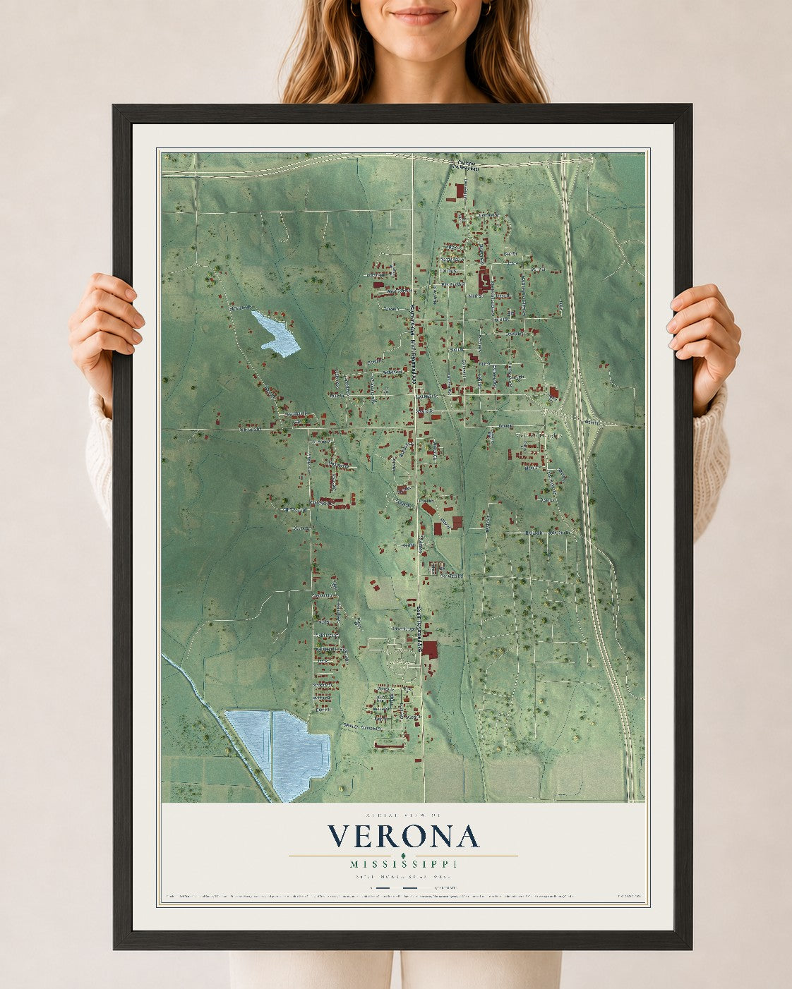 Map of Verona, Mississippi, 24 x 36 inch print in a black wood frame