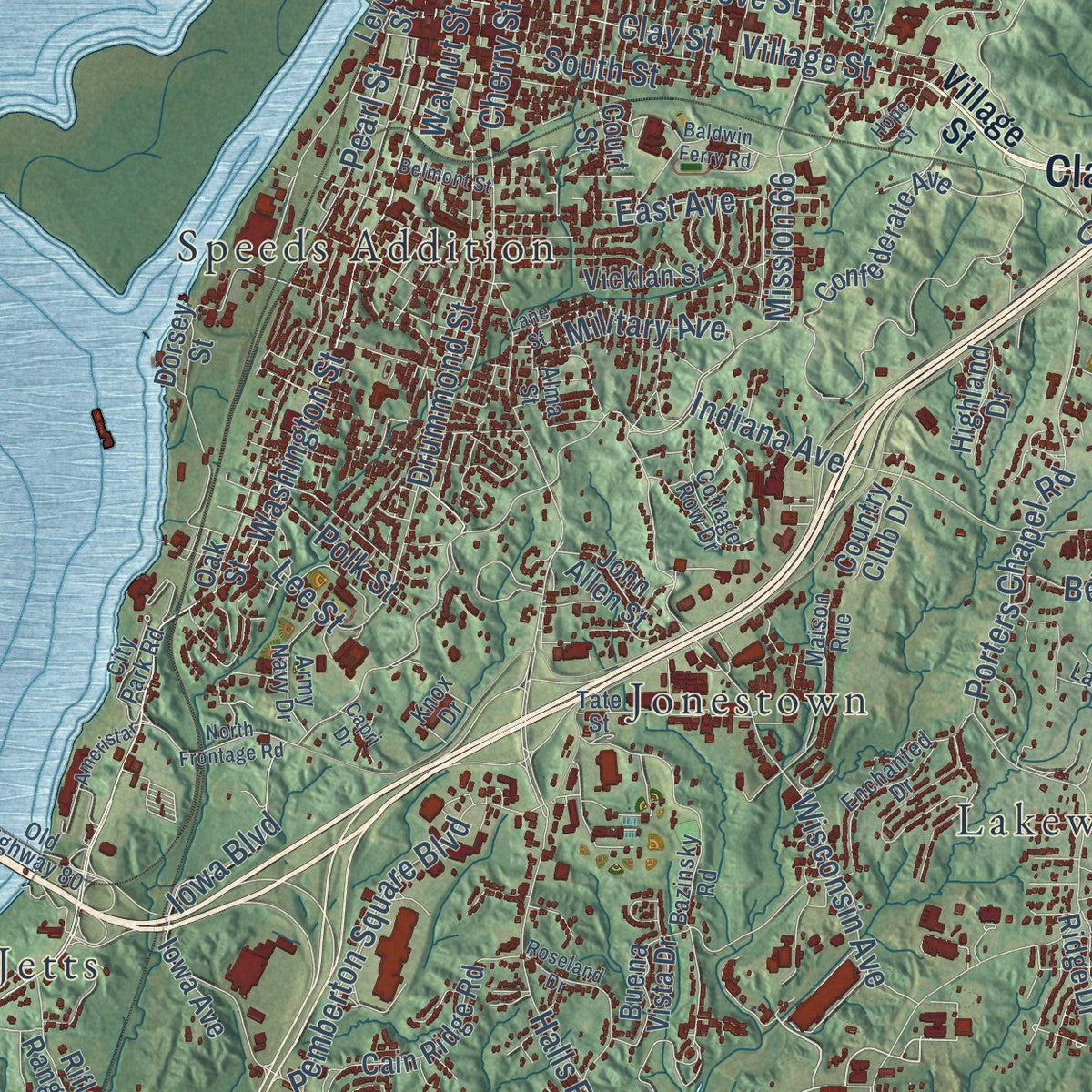 Close-up of the map of Vicksburg, Mississippi print showing street and building detail