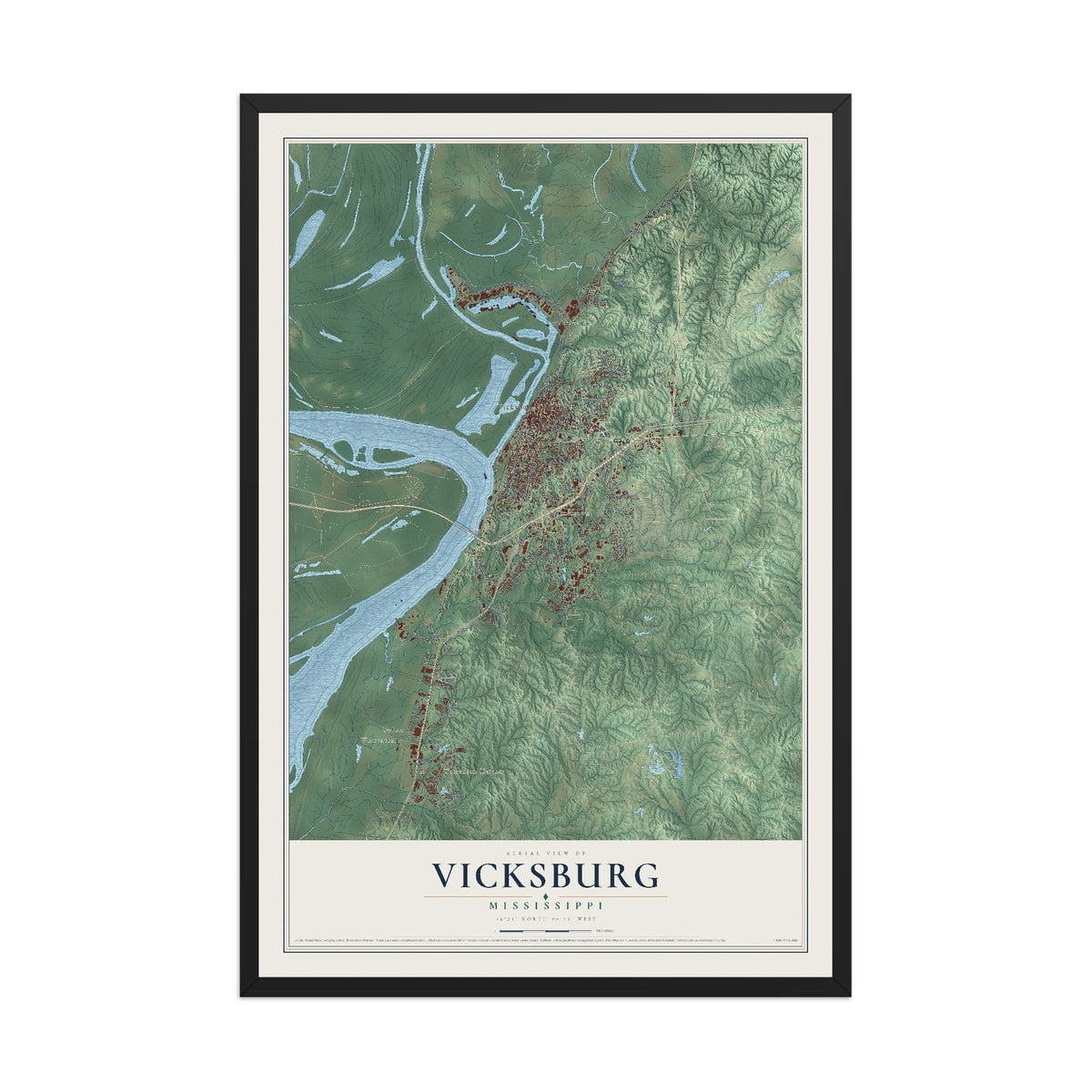 Map of Vicksburg, Mississippi, 12 x 18 inch print in a black wood frame