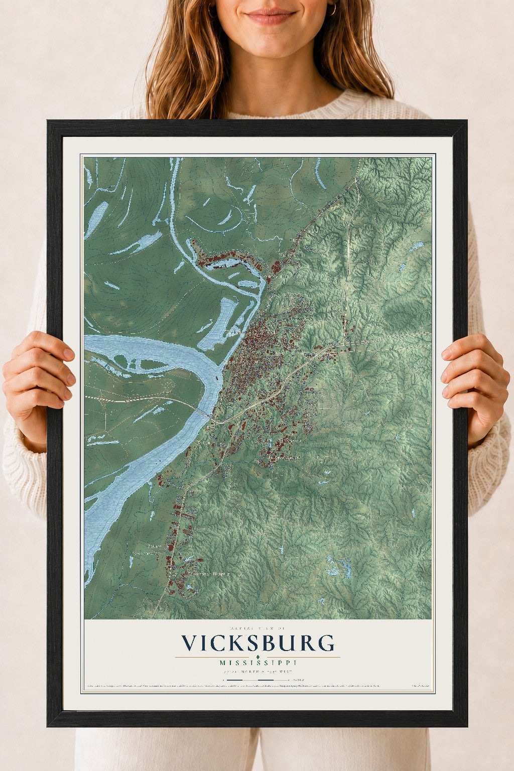 Map of Vicksburg, Mississippi, 18 x 24 inch print in a black wood frame