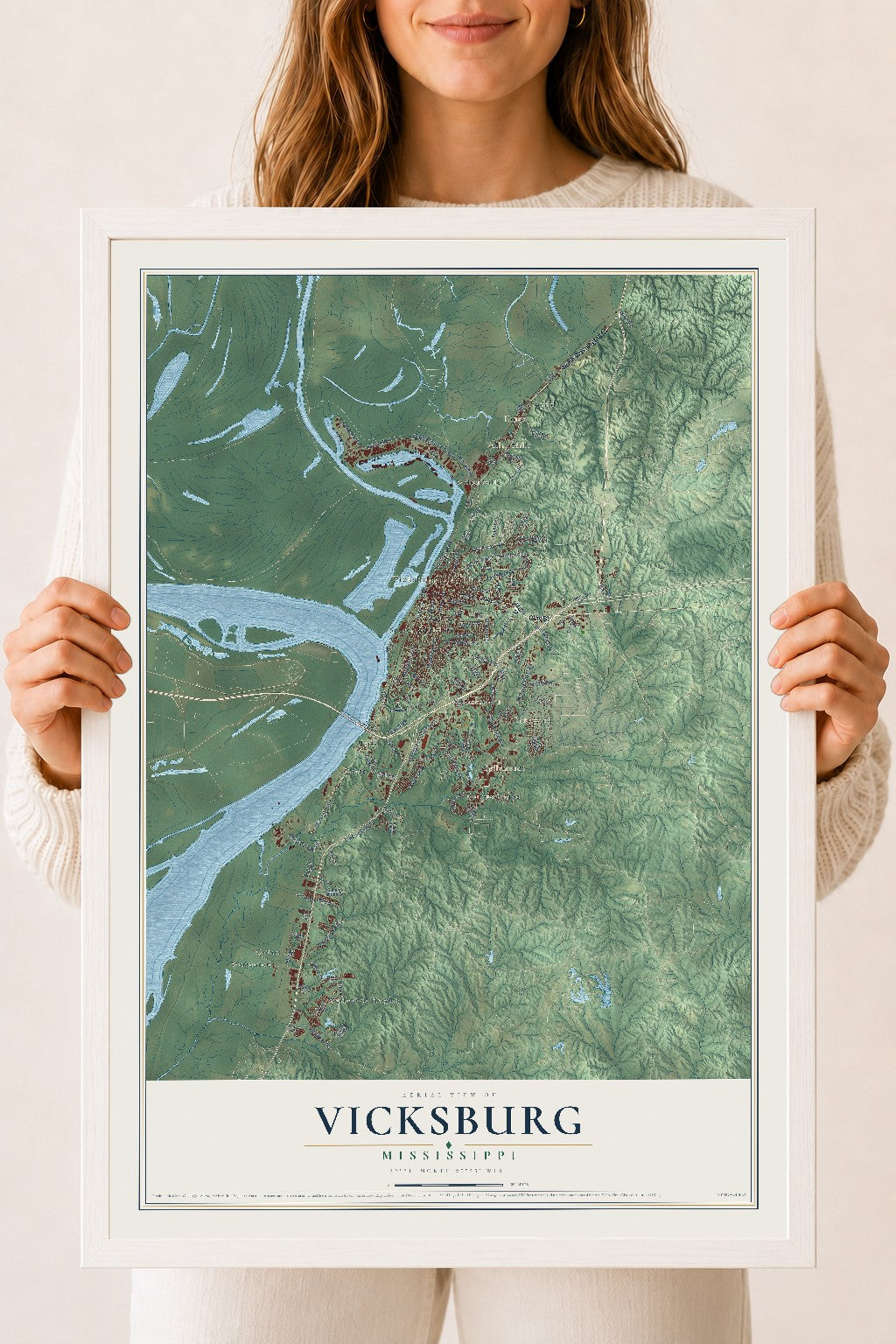Map of Vicksburg, Mississippi, 18 x 24 inch print in a white wood frame