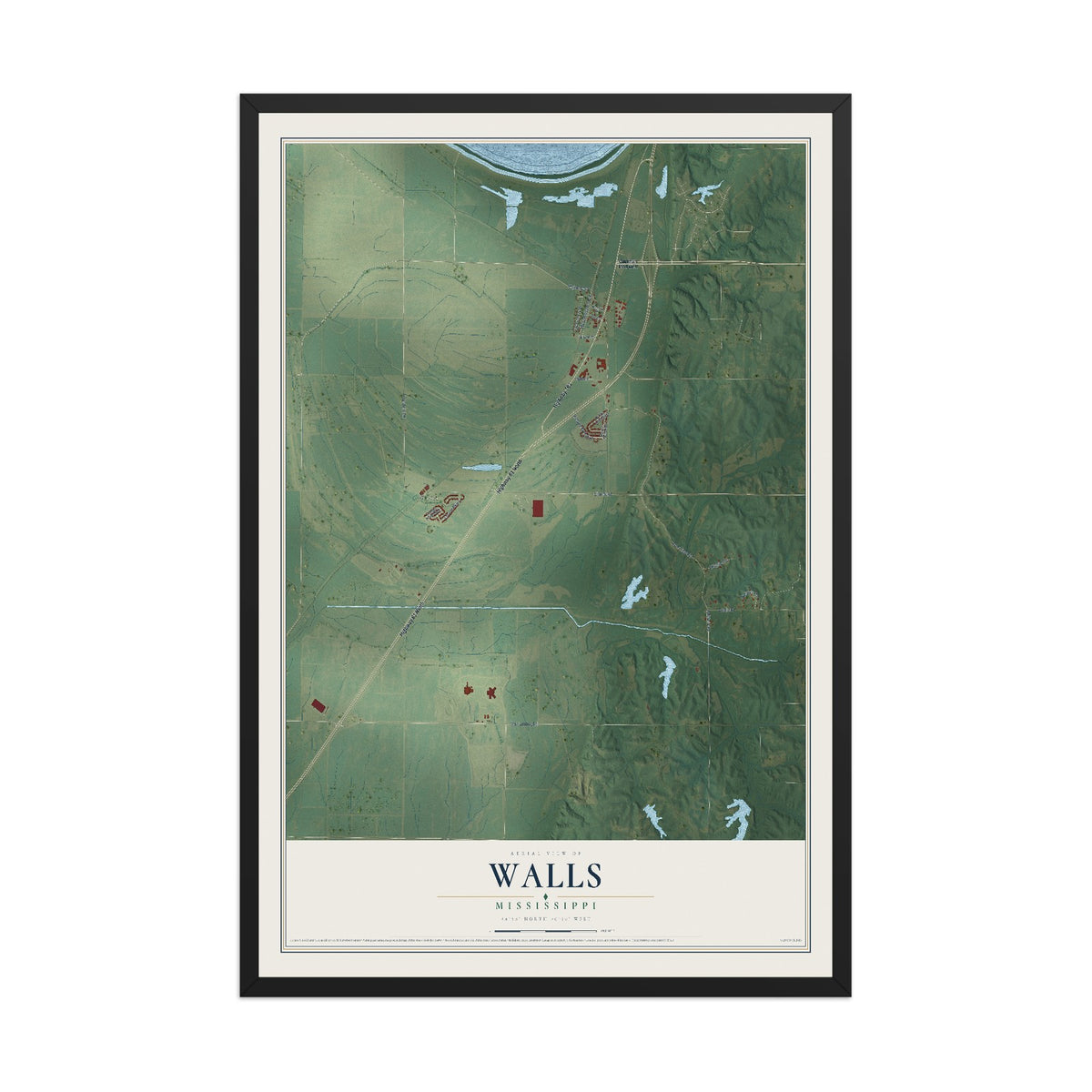 Map of Walls, Mississippi, 12 x 18 inch print in a black wood frame