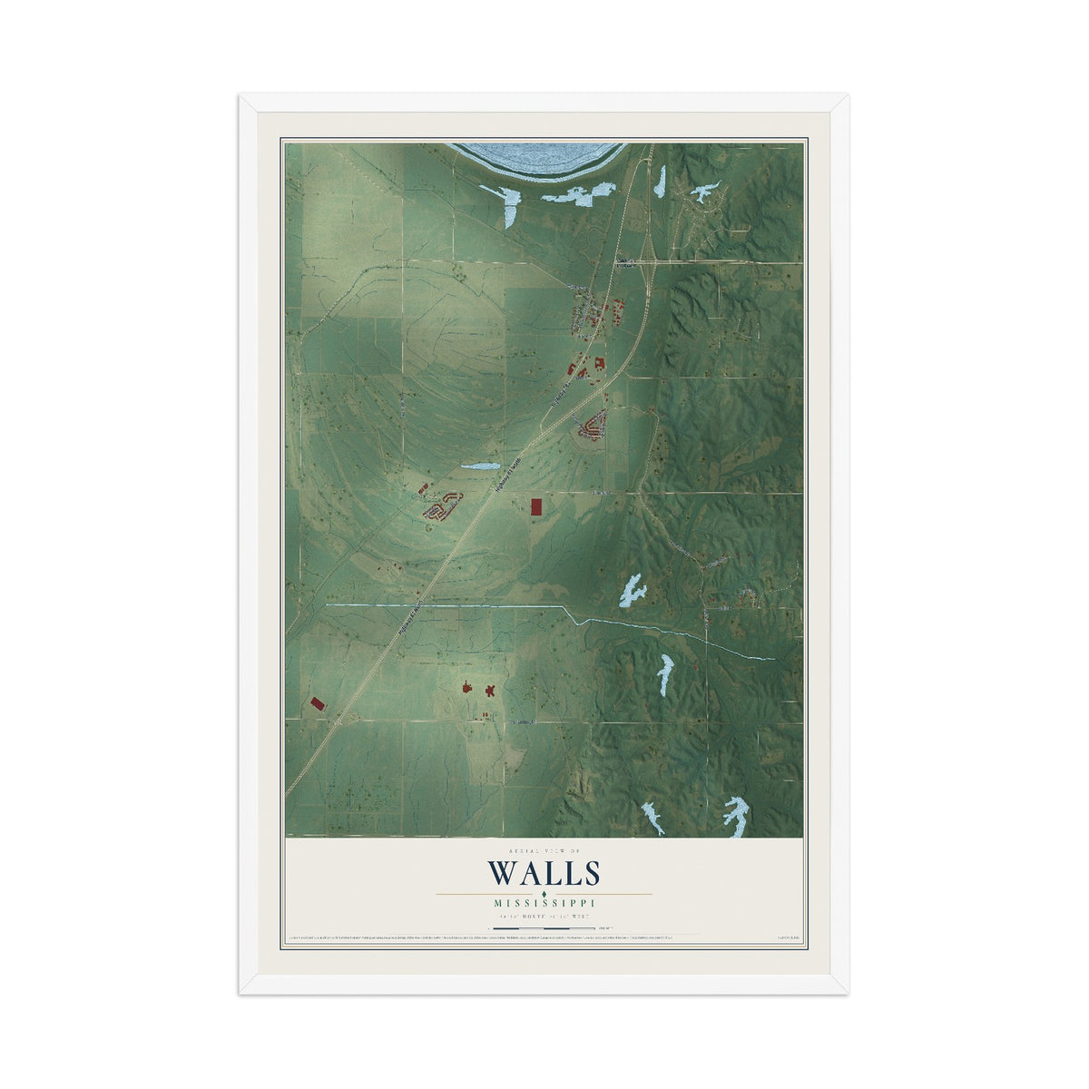 Map of Walls, Mississippi, 12 x 18 inch print in a white wood frame