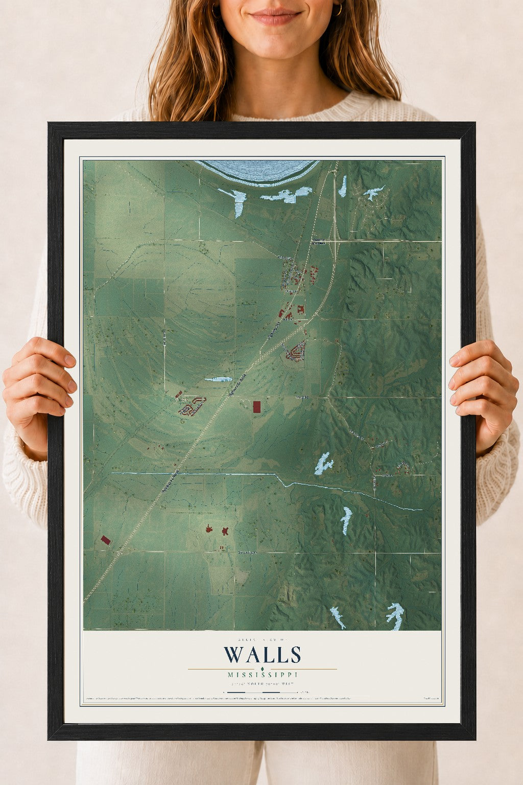 Map of Walls, Mississippi, 18 x 24 inch print in a black wood frame