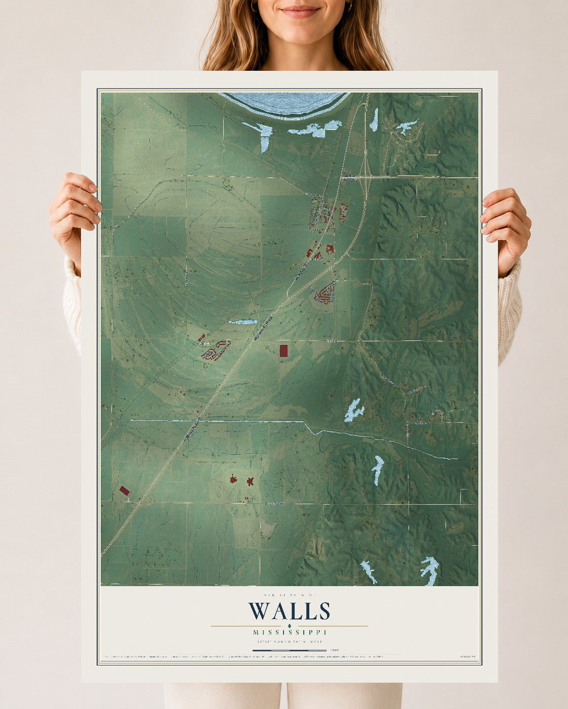 Map of Walls, Mississippi, 24 x 36 inch unframed archival matte print