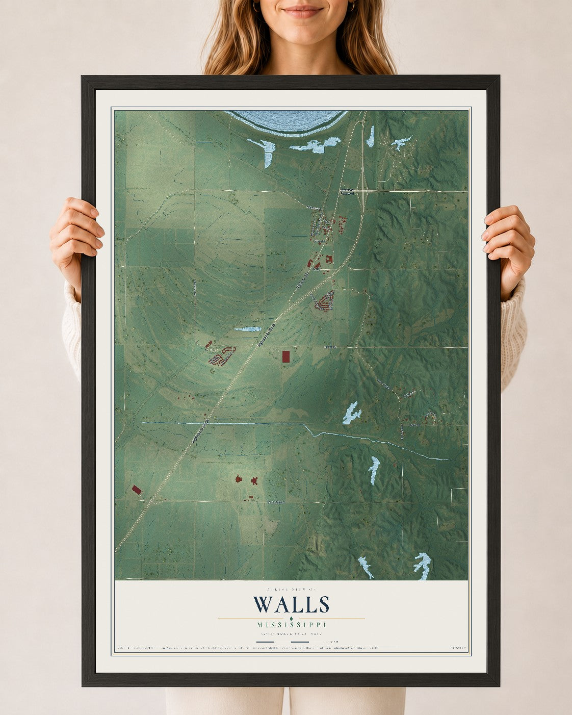 Map of Walls, Mississippi, 24 x 36 inch print in a black wood frame