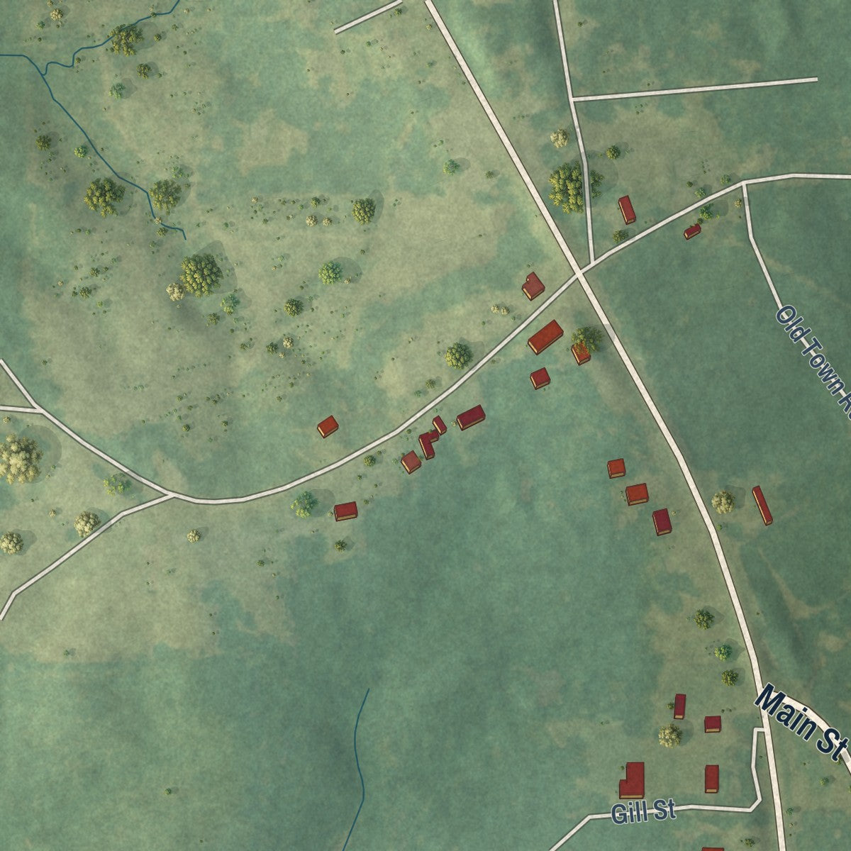 Second close-up of the map of Walnut Grove, Mississippi print showing more streets and buildings