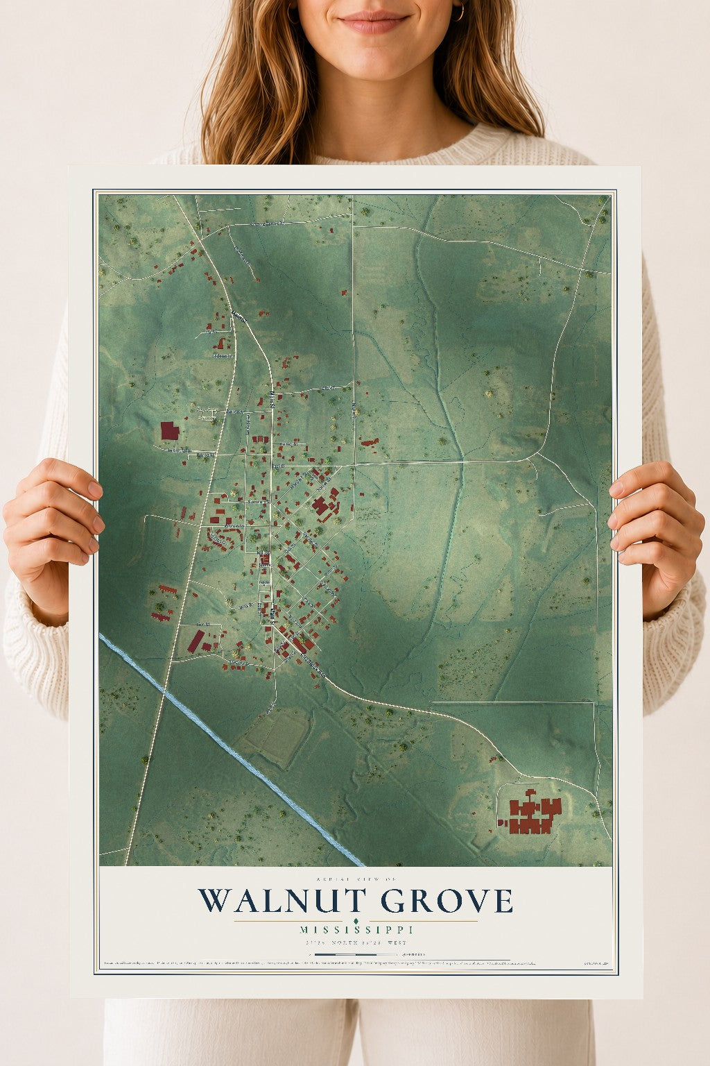 Map of Walnut Grove, Mississippi, 18 x 24 inch unframed archival matte print
