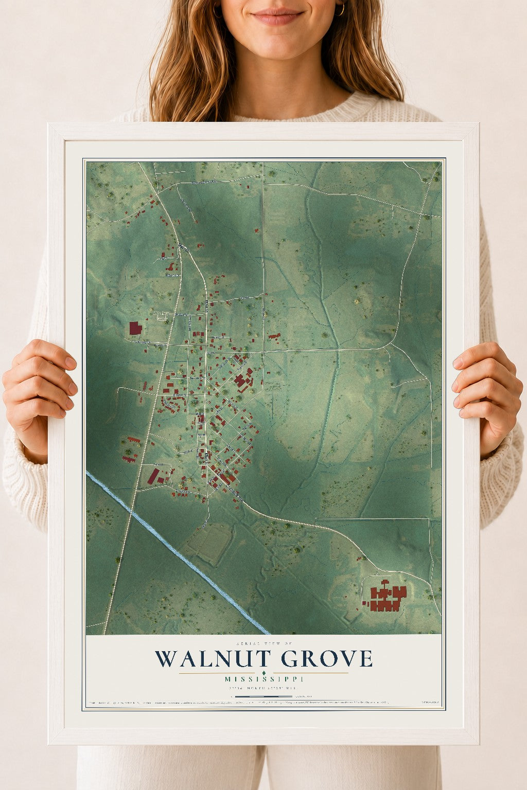 Map of Walnut Grove, Mississippi, 18 x 24 inch print in a white wood frame