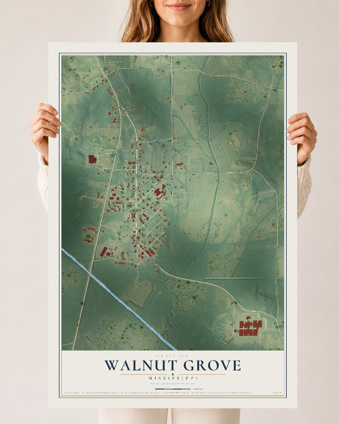 Map of Walnut Grove, Mississippi, 24 x 36 inch unframed archival matte print