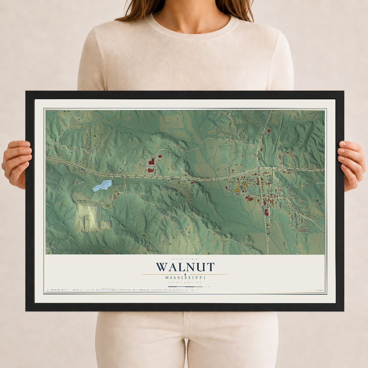 Map of Walnut, Mississippi, 12 x 18 inch print in a black wood frame