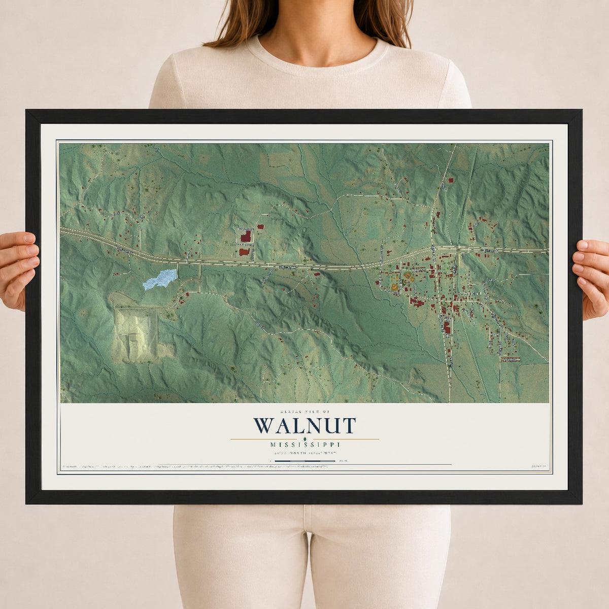 Map of Walnut, Mississippi, 18 x 24 inch print in a black wood frame