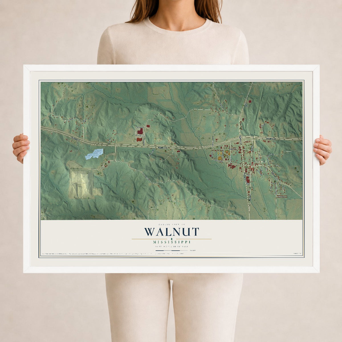 Map of Walnut, Mississippi, 24 x 36 inch print in a white wood frame