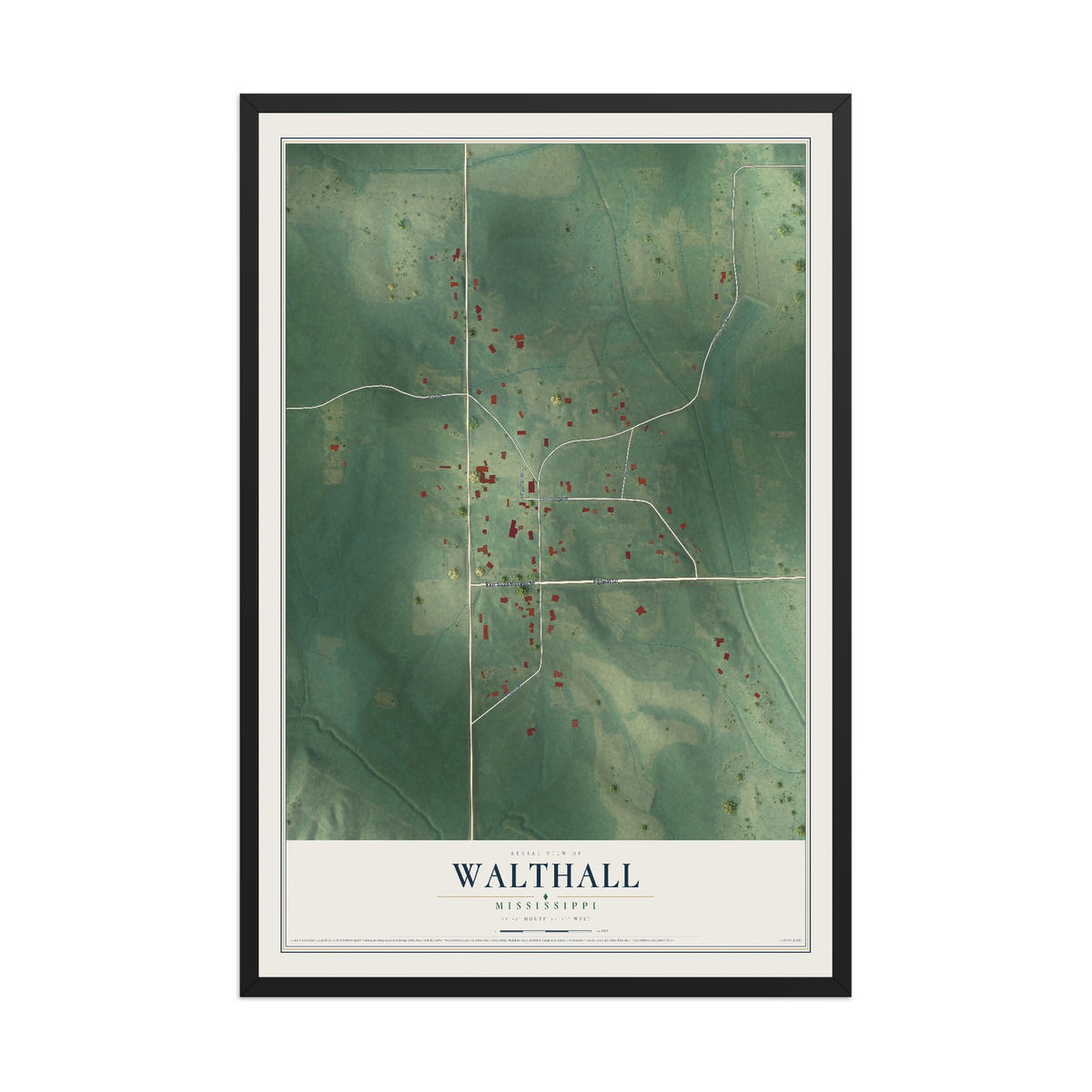 Map of Walthall, Mississippi, 12 x 18 inch print in a black wood frame