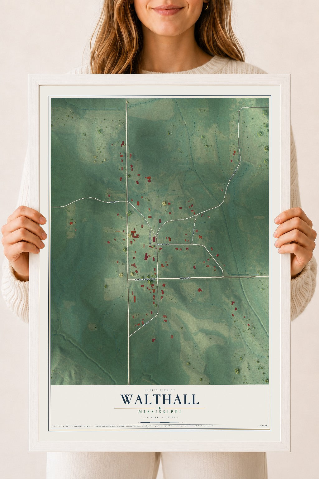 Map of Walthall, Mississippi, 18 x 24 inch print in a white wood frame