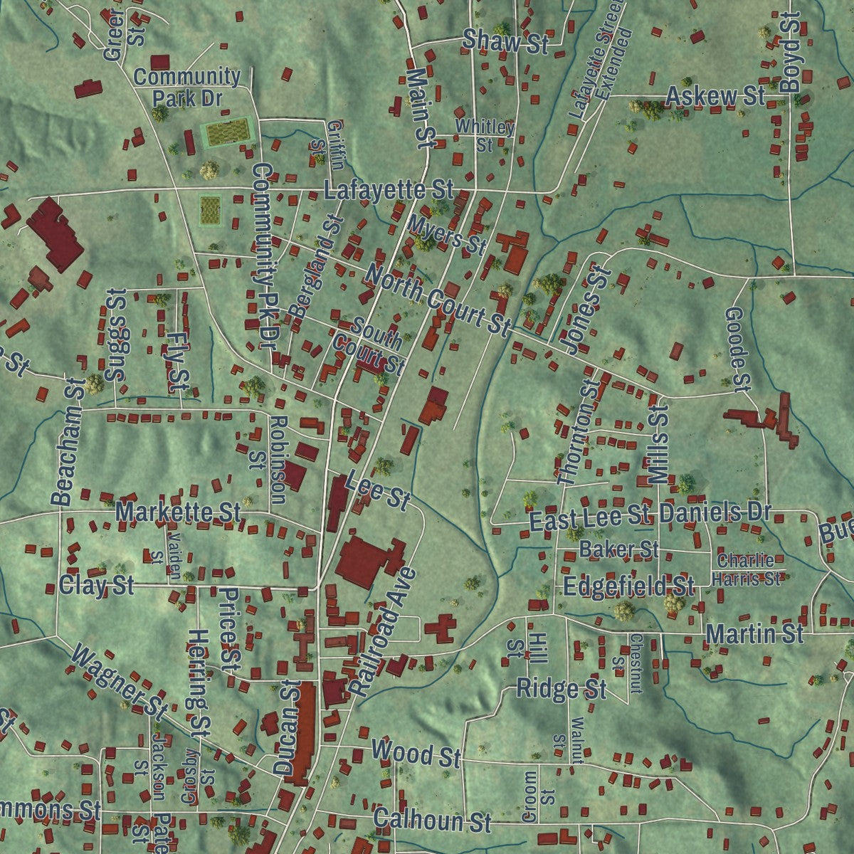 Close-up of the map of Water Valley, Mississippi print showing street and building detail