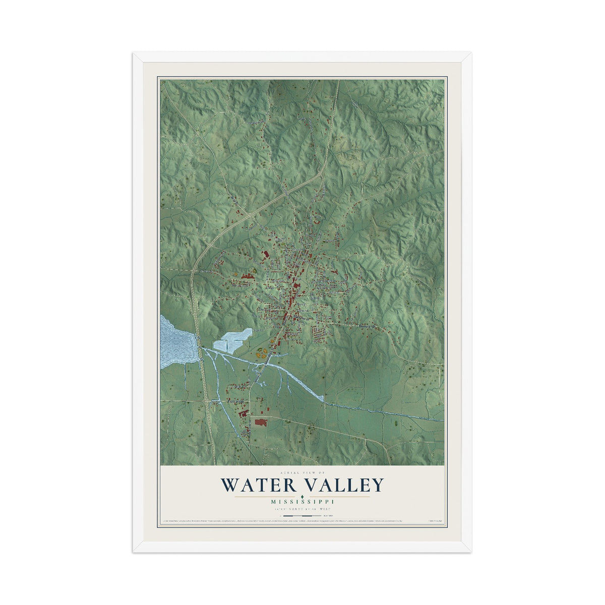 Map of Water Valley, Mississippi, 12 x 18 inch print in a white wood frame