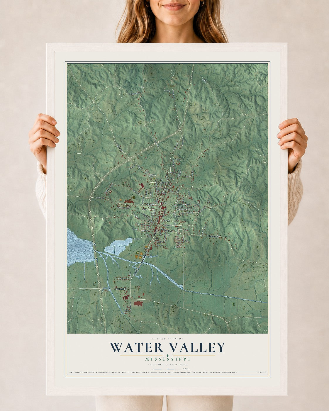 Map of Water Valley, Mississippi, 24 x 36 inch print in a white wood frame