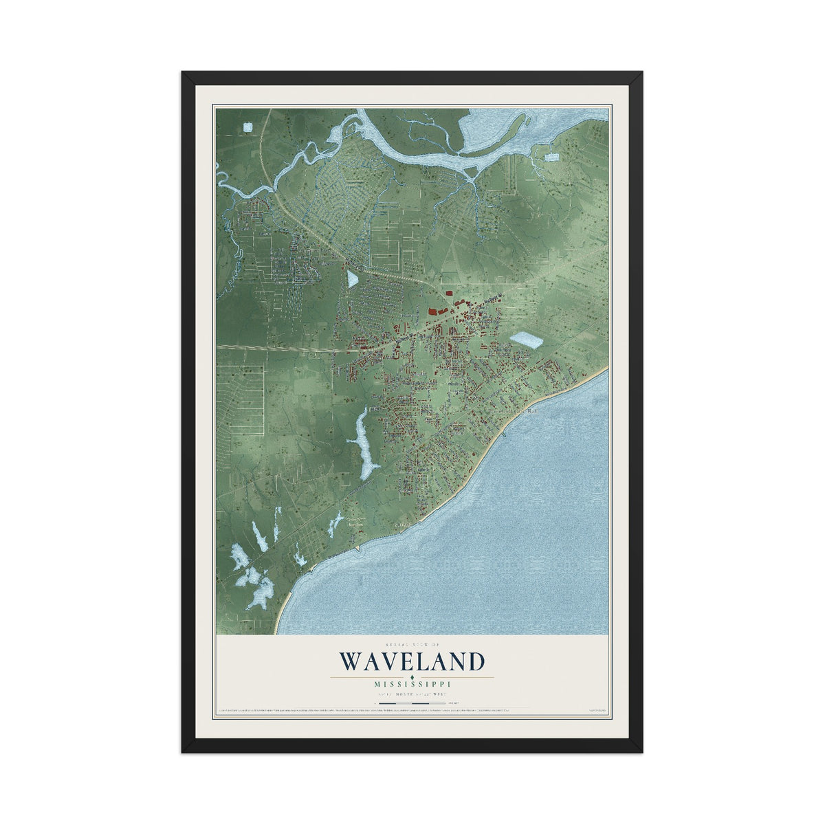 Map of Waveland, Mississippi, 12 x 18 inch print in a black wood frame