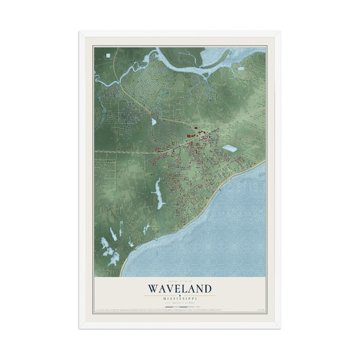 Map of Waveland, Mississippi, 12 x 18 inch print in a white wood frame
