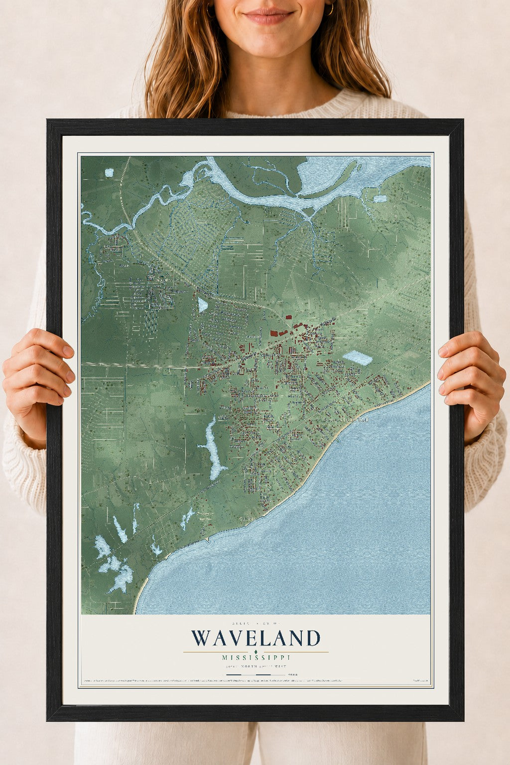 Map of Waveland, Mississippi, 18 x 24 inch print in a black wood frame