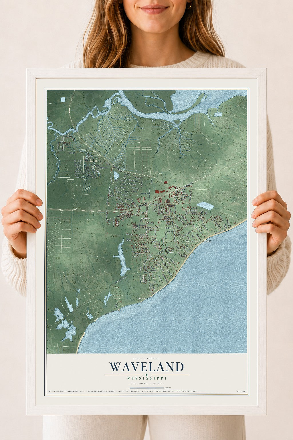 Map of Waveland, Mississippi, 18 x 24 inch print in a white wood frame