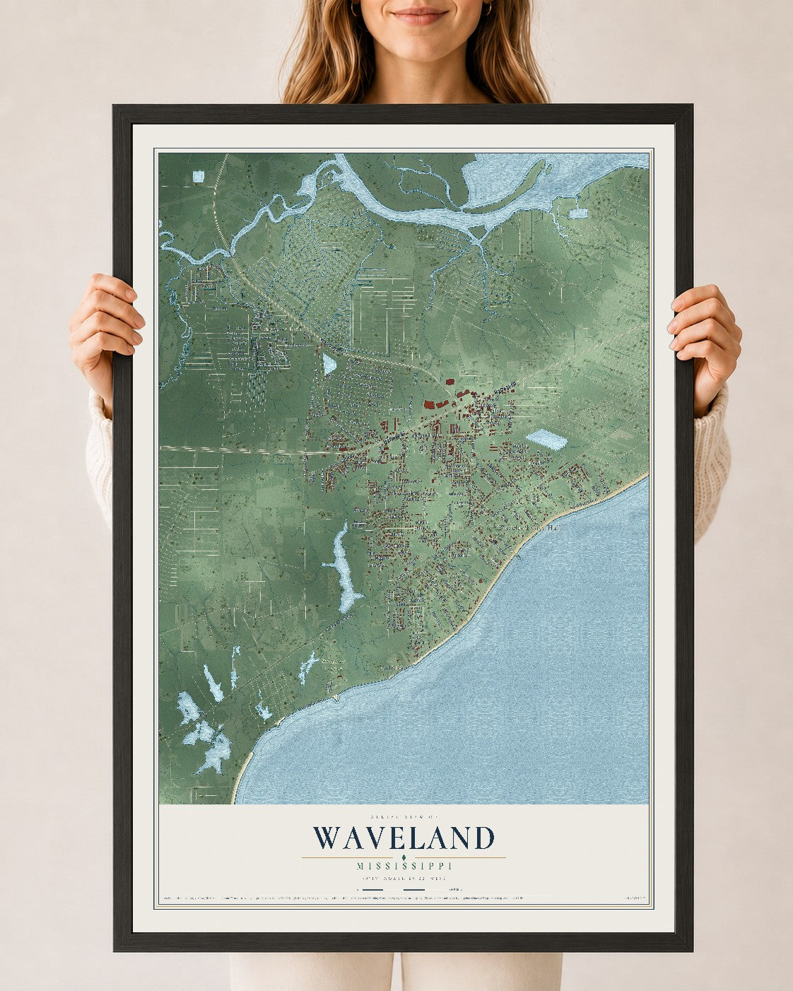 Map of Waveland, Mississippi, 24 x 36 inch print in a black wood frame