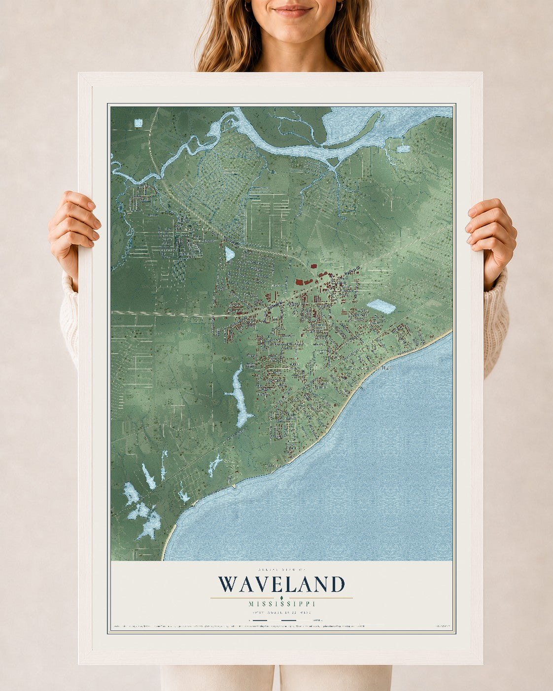 Map of Waveland, Mississippi, 24 x 36 inch print in a white wood frame
