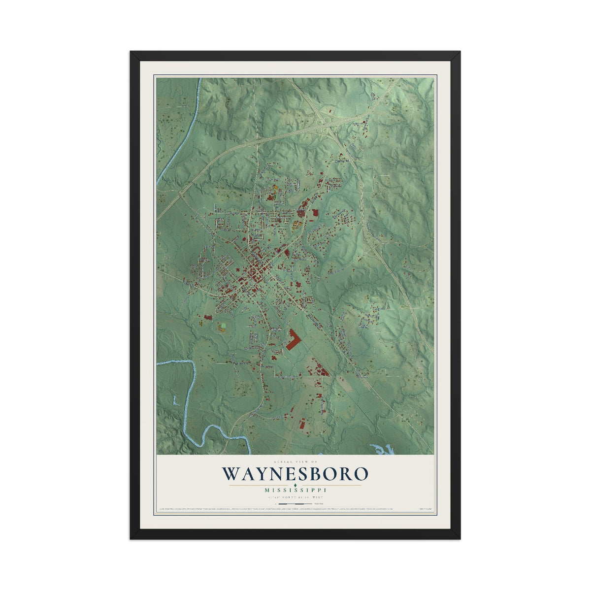 Map of Waynesboro, Mississippi, 12 x 18 inch print in a black wood frame
