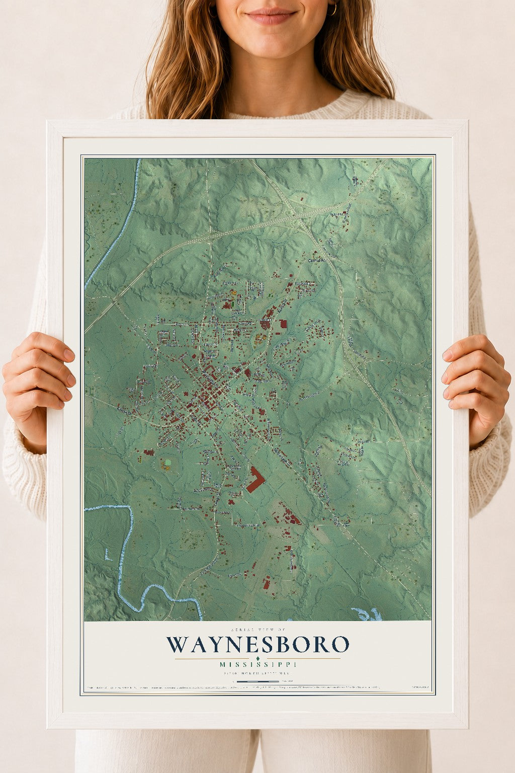 Map of Waynesboro, Mississippi, 18 x 24 inch print in a white wood frame
