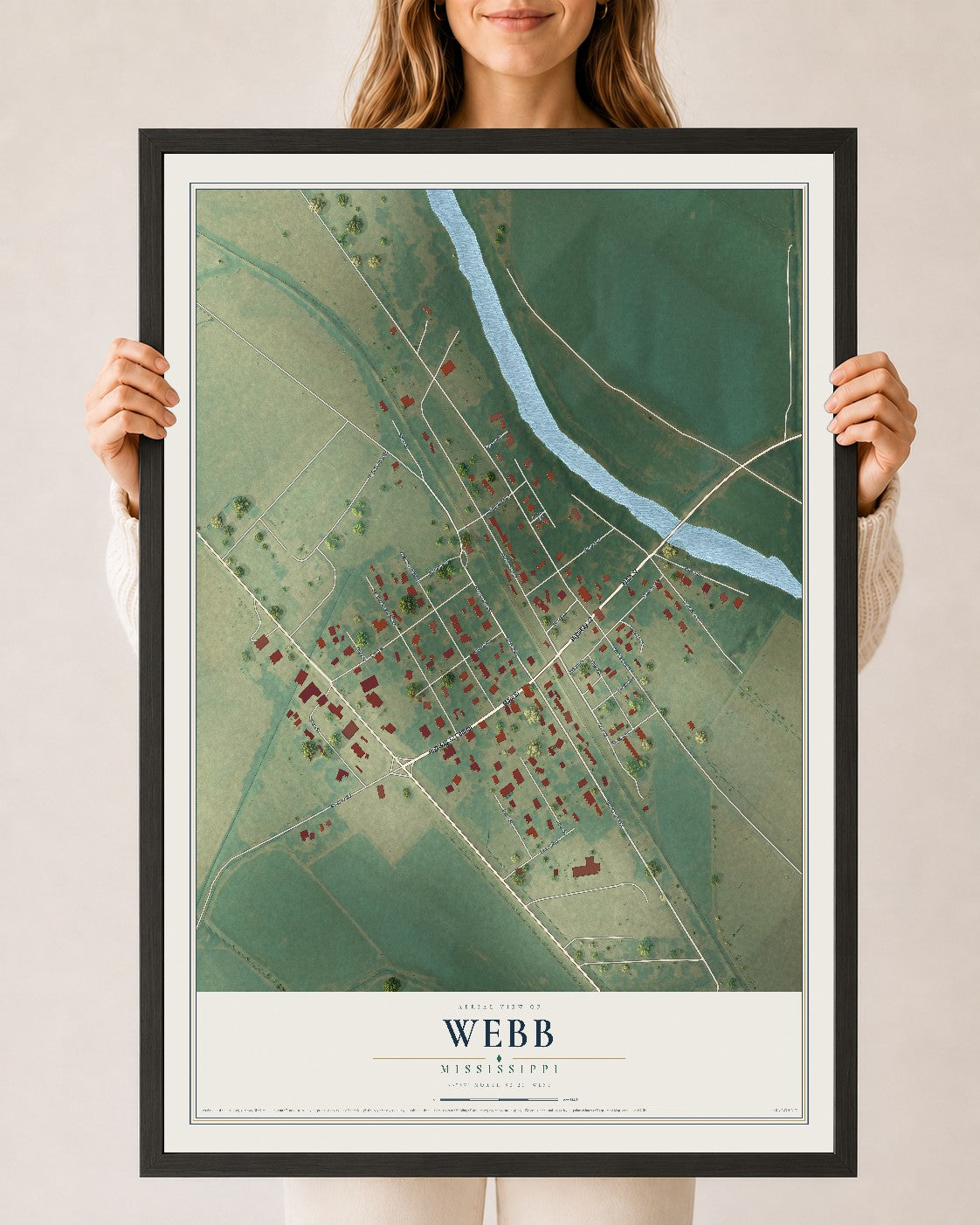 Map of Webb, Mississippi, 24 x 36 inch print in a black wood frame