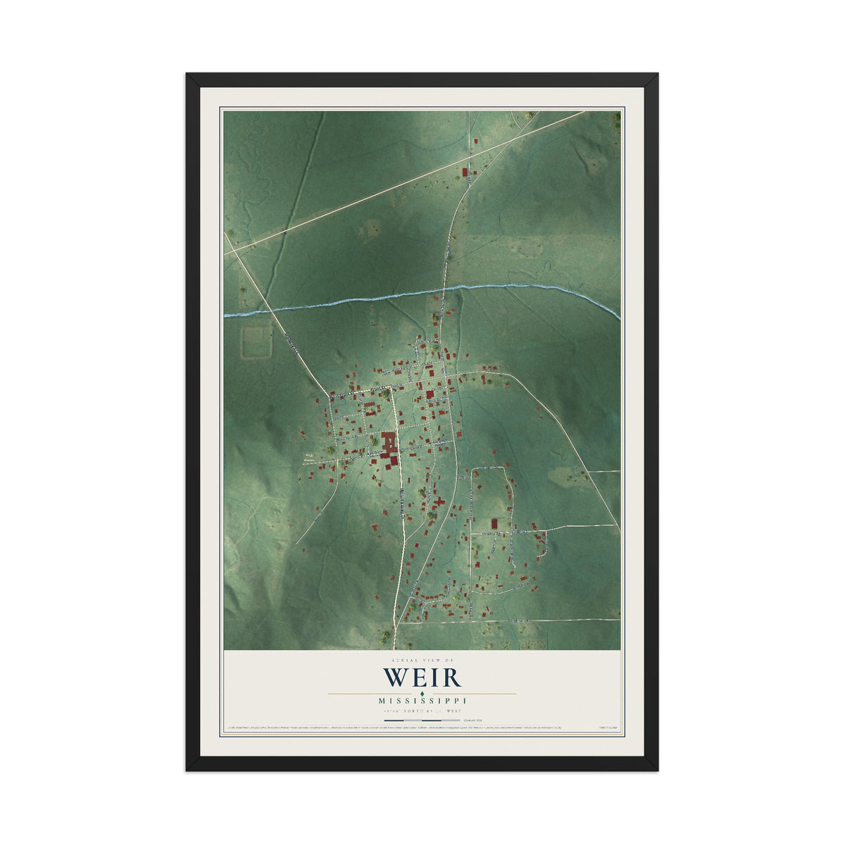 Map of Weir, Mississippi, 12 x 18 inch print in a black wood frame