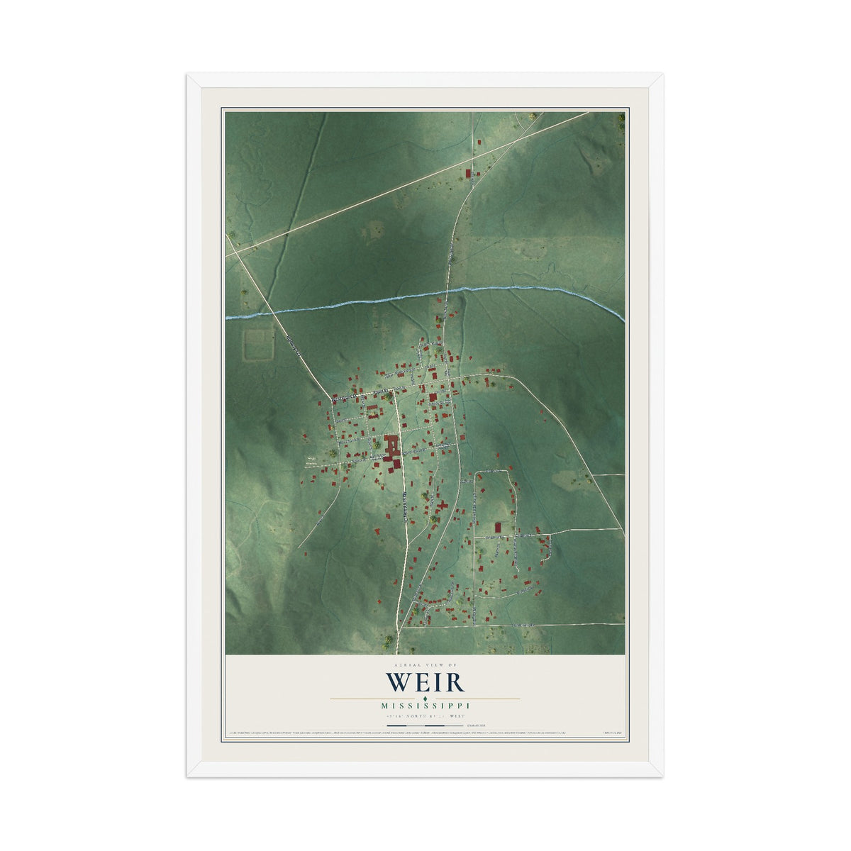 Map of Weir, Mississippi, 12 x 18 inch print in a white wood frame