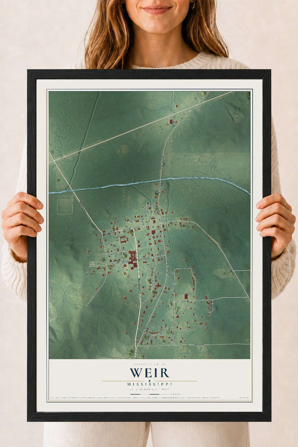 Map of Weir, Mississippi, 18 x 24 inch print in a black wood frame
