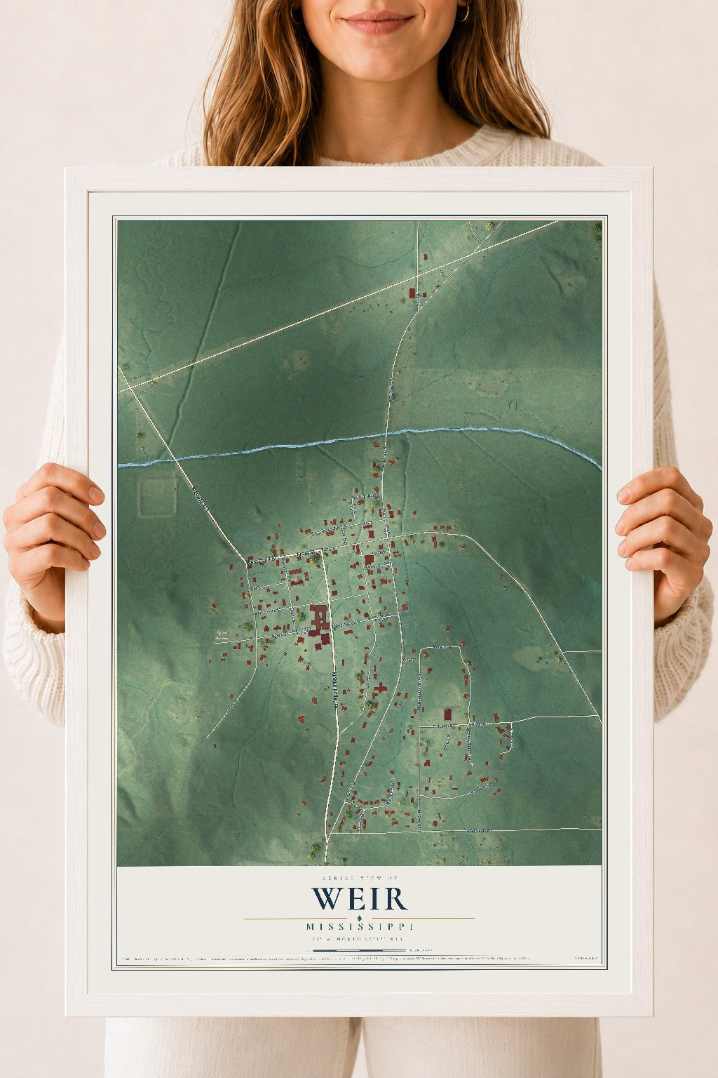 Map of Weir, Mississippi, 18 x 24 inch print in a white wood frame