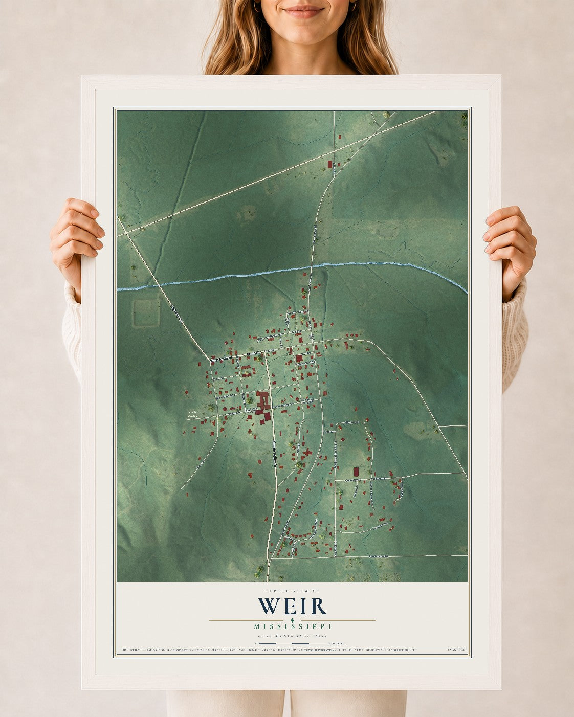 Map of Weir, Mississippi, 24 x 36 inch print in a white wood frame