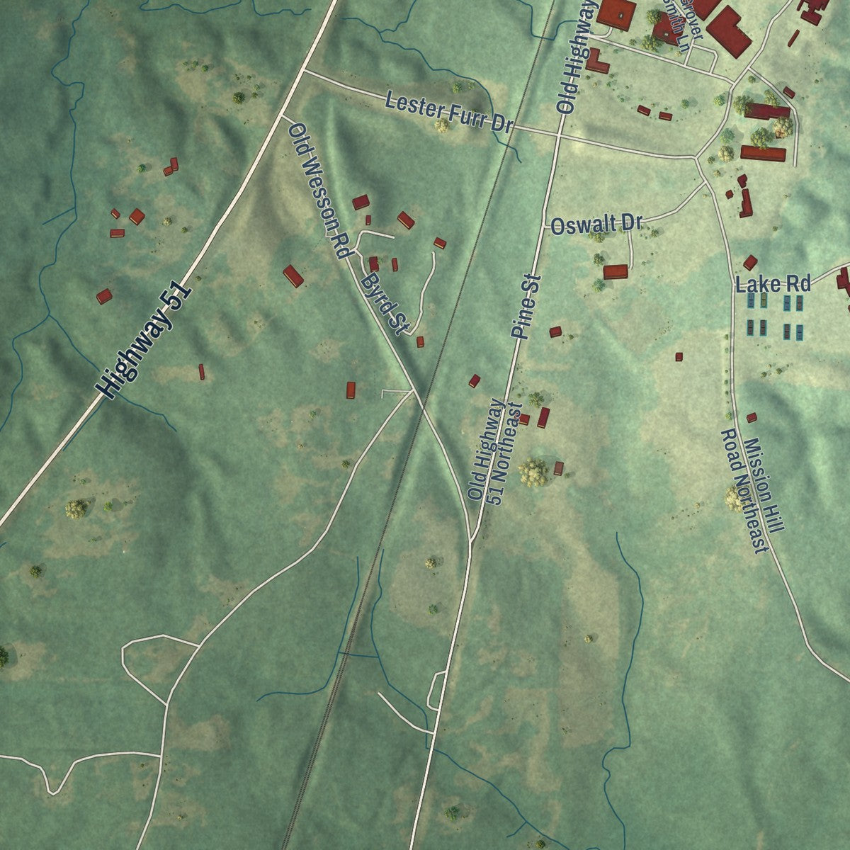 Second close-up of the map of Wesson, Mississippi print showing more streets and buildings