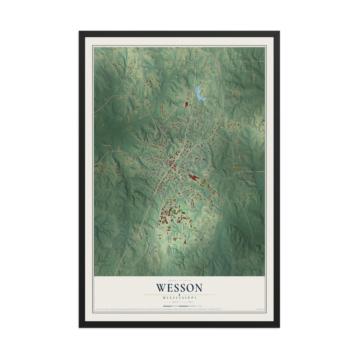 Map of Wesson, Mississippi, 12 x 18 inch print in a black wood frame