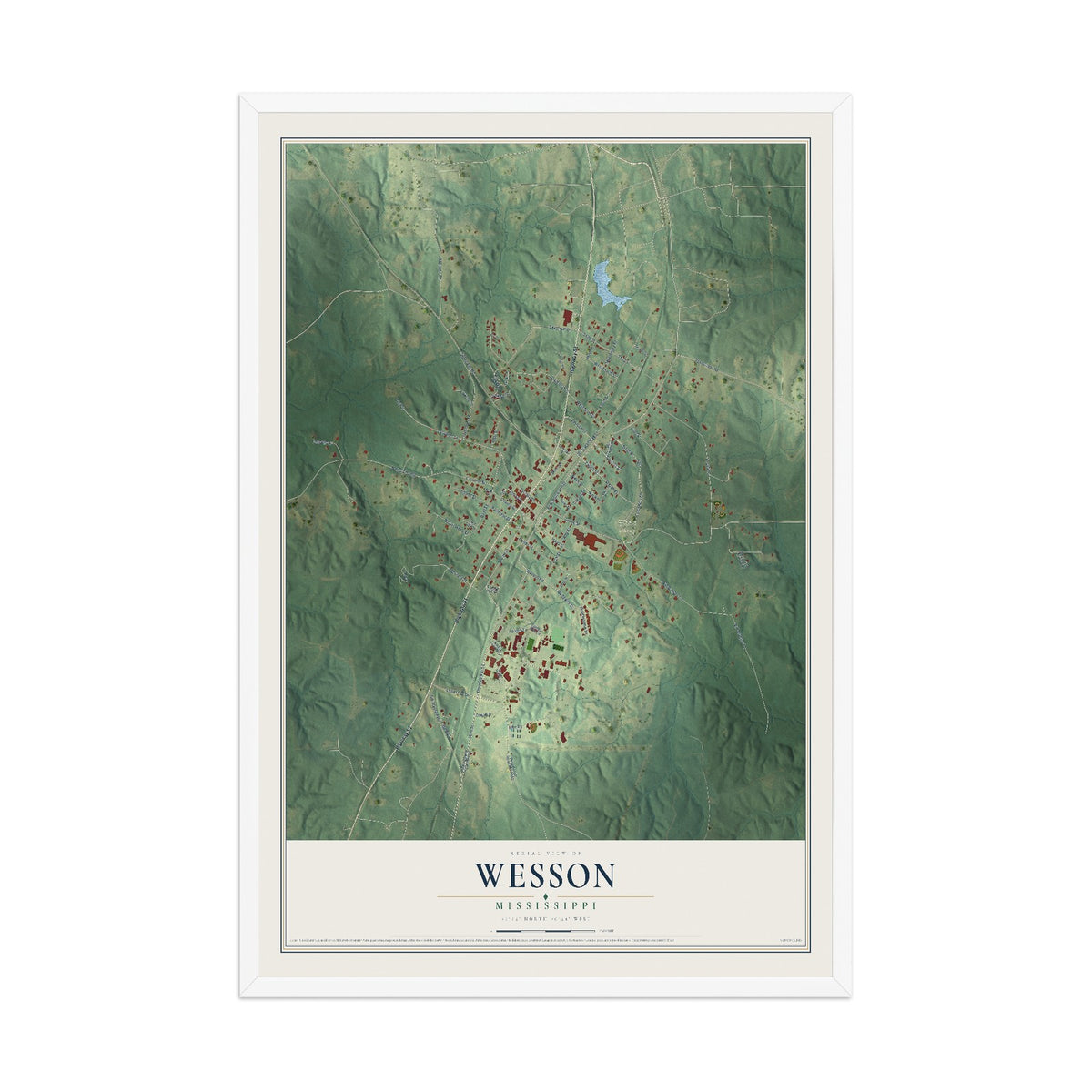 Map of Wesson, Mississippi, 12 x 18 inch print in a white wood frame