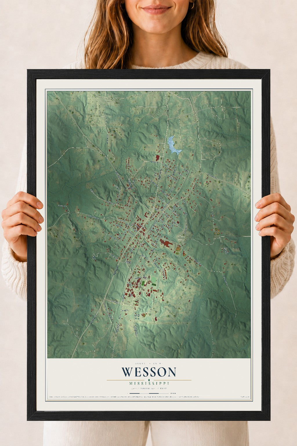Map of Wesson, Mississippi, 18 x 24 inch print in a black wood frame