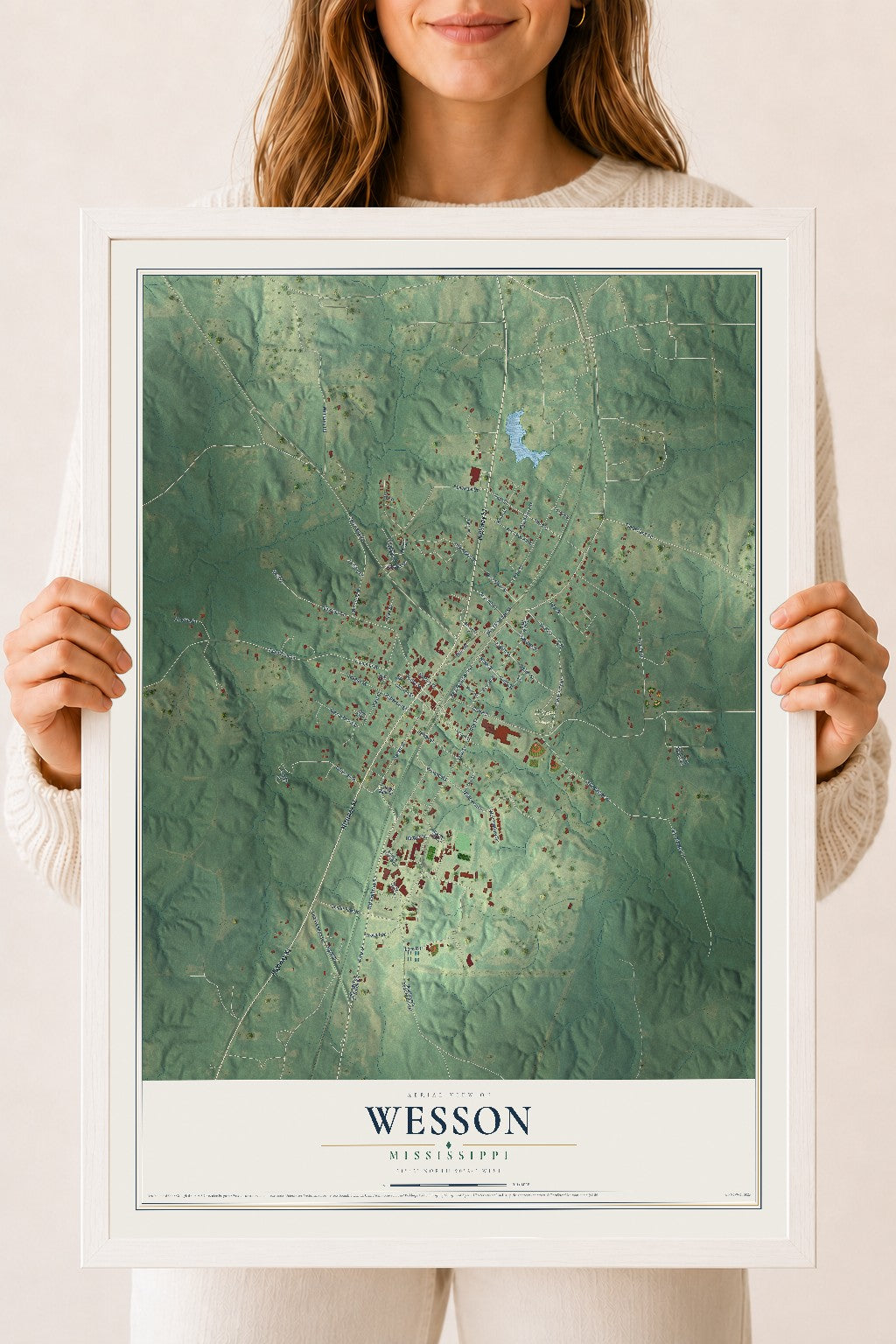 Map of Wesson, Mississippi, 18 x 24 inch print in a white wood frame