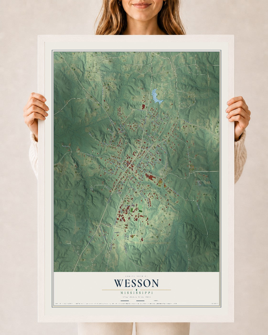 Map of Wesson, Mississippi, 24 x 36 inch print in a white wood frame