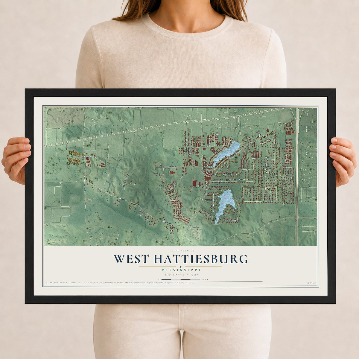 Map of West Hattiesburg, Mississippi, 12 x 18 inch print in a black wood frame