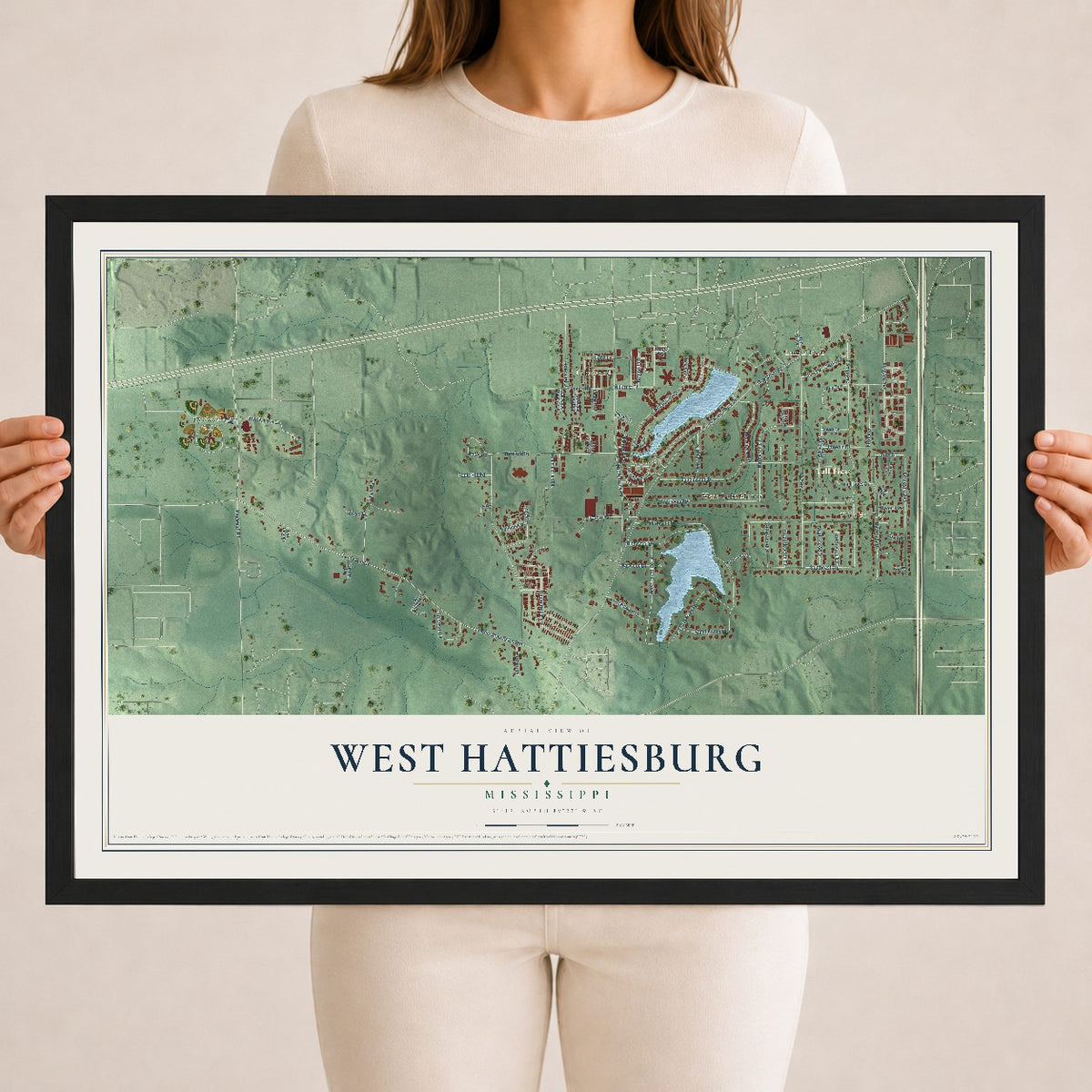 Map of West Hattiesburg, Mississippi, 18 x 24 inch print in a black wood frame