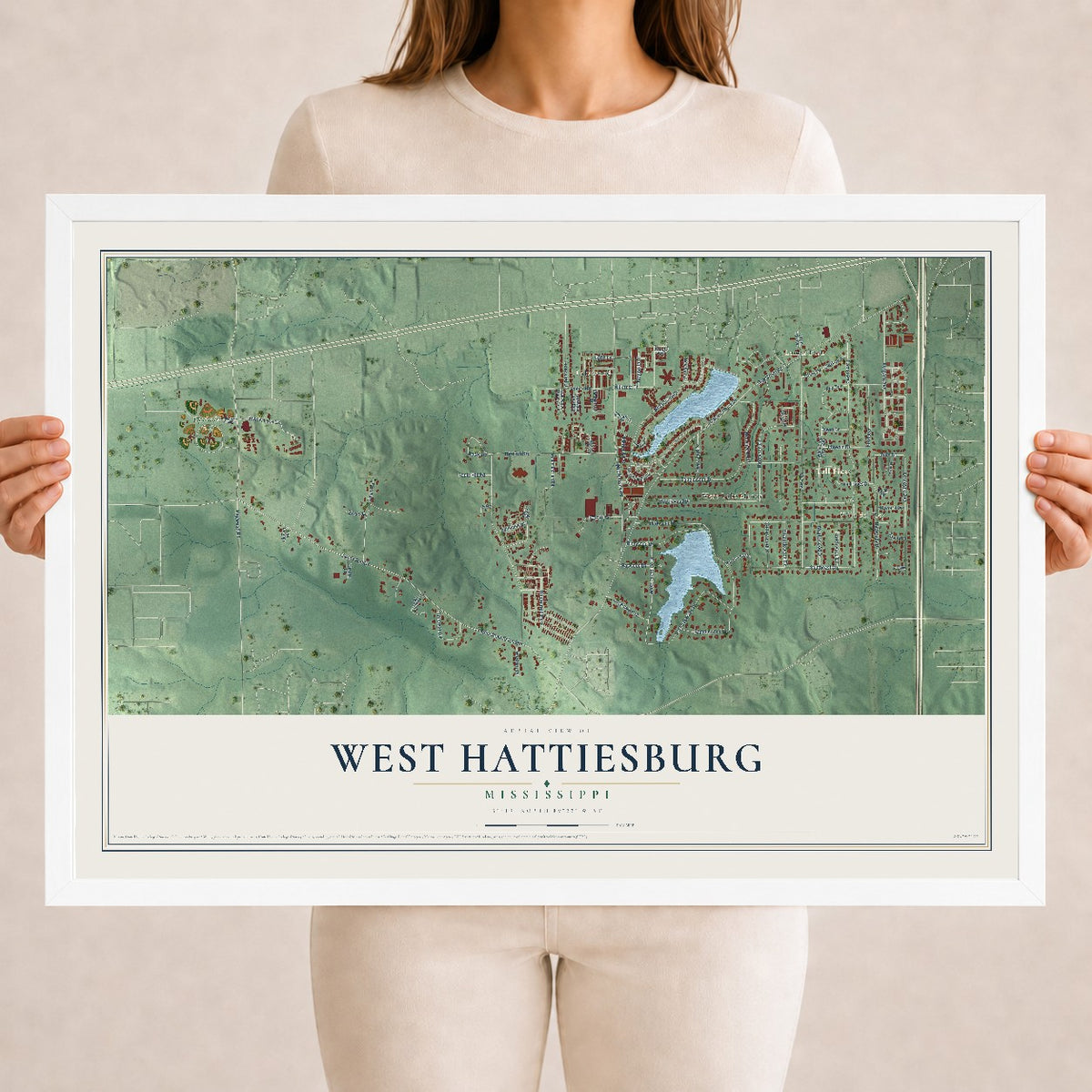 Map of West Hattiesburg, Mississippi, 18 x 24 inch print in a white wood frame