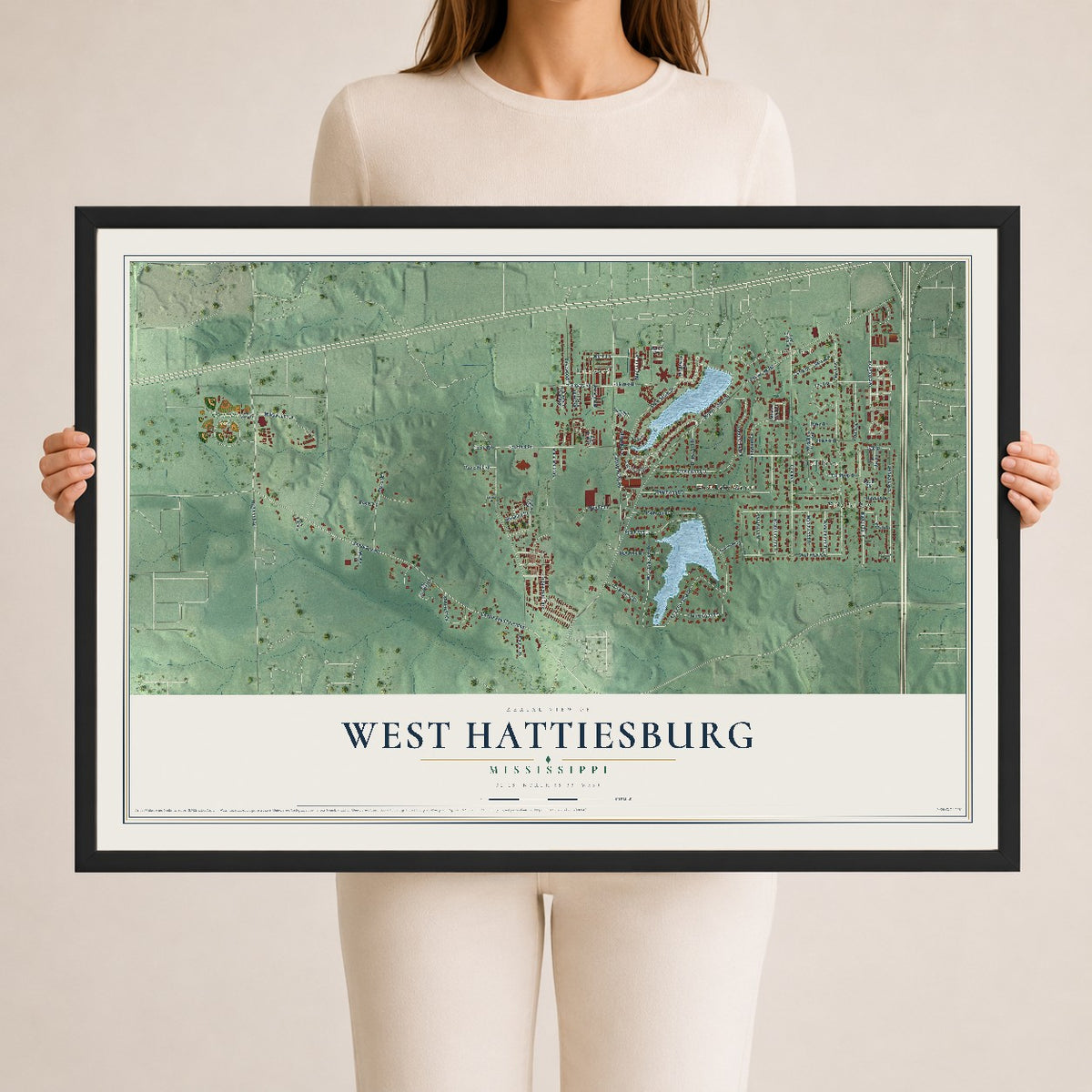 Map of West Hattiesburg, Mississippi, 24 x 36 inch print in a black wood frame