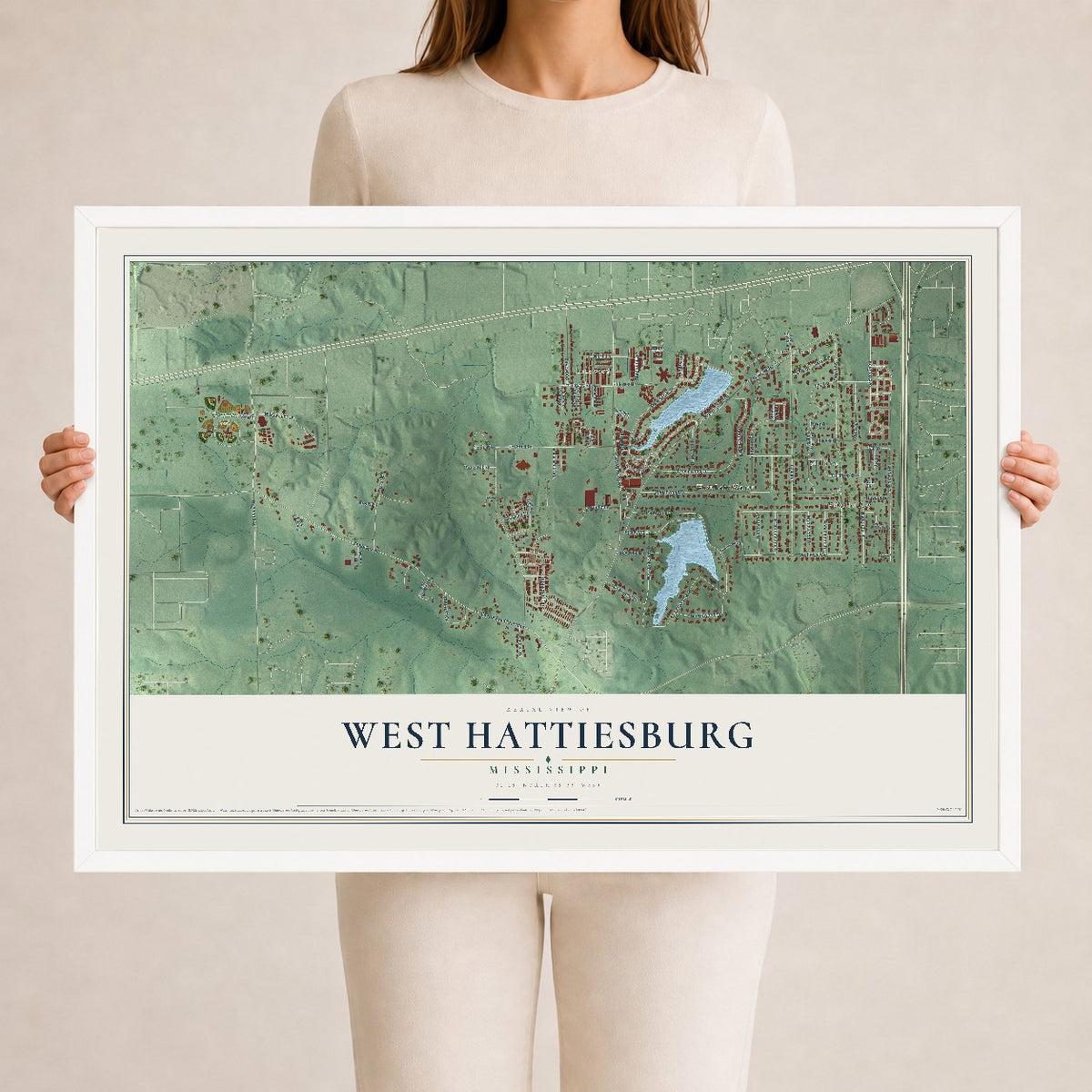 Map of West Hattiesburg, Mississippi, 24 x 36 inch print in a white wood frame