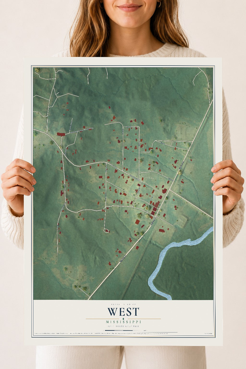 Map of West, Mississippi, 18 x 24 inch unframed archival matte print